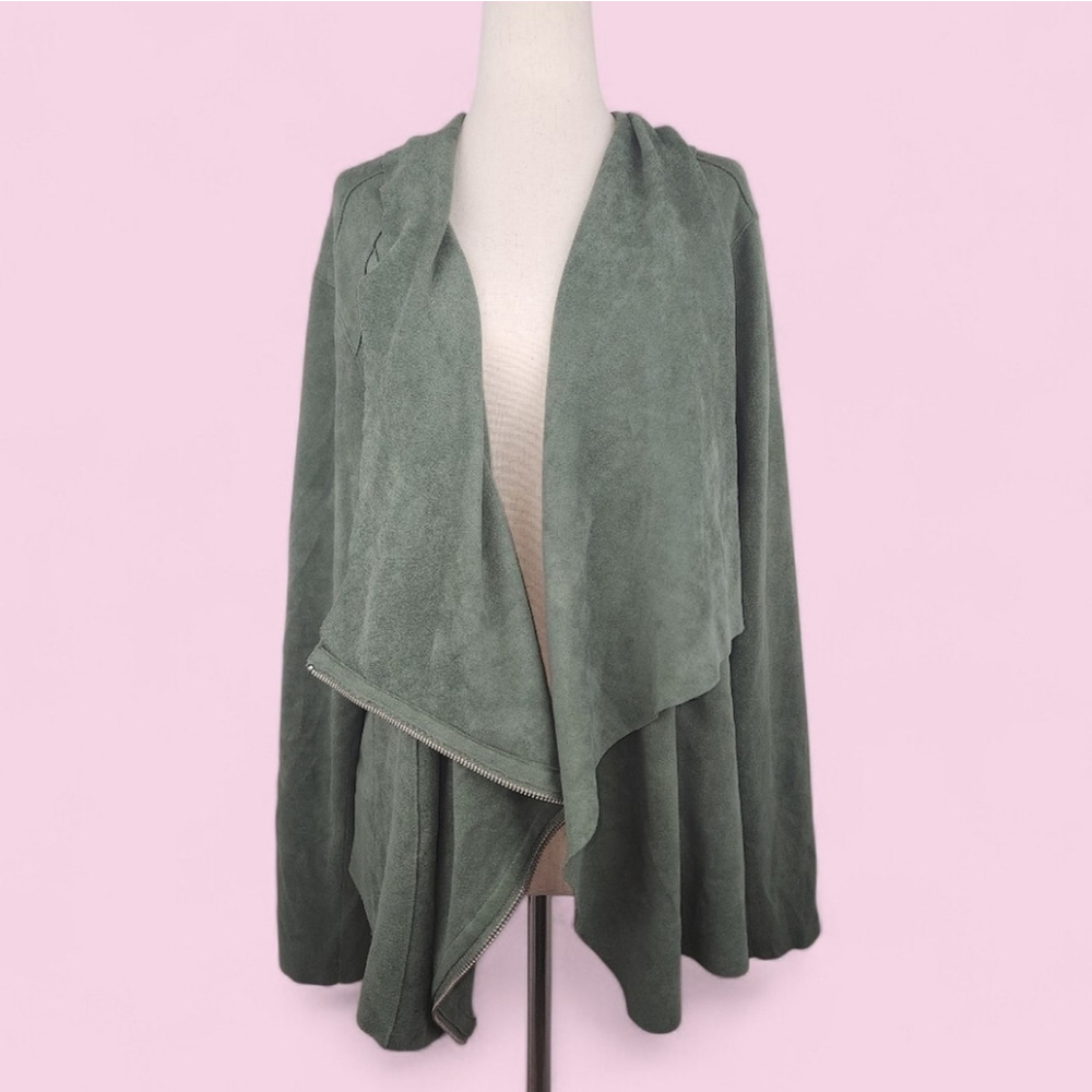 BlankNYC Army Green Asymmetrical Zip Moto Jacket Faux Suede Draped Utility Chic